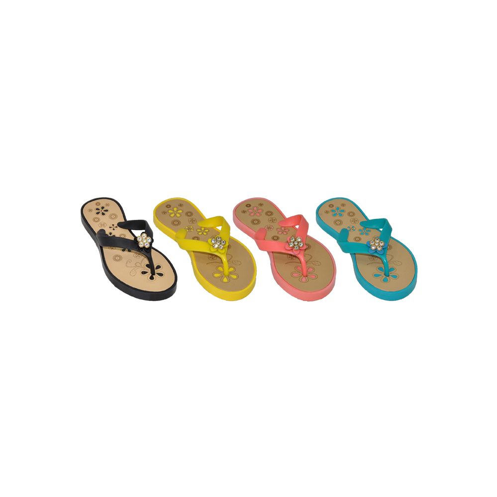 8 Bulk Girl's Pcu Flip Flop Sandals W/ Shimmer Rhinestones & Bebe Print  Footbed
